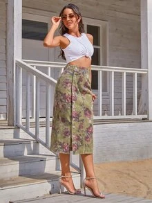 Jeanoix Petite Women's Floral Pattern Button Decor High Slit Denim Skirt - Multicolor - View 7