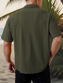 Genlund 男士度假休閒刺繡鏤空鈕扣襯衫 - 軍綠色 - 查看 2