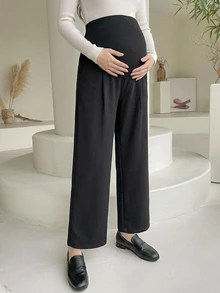 DAZY Black Maternity Drape Suit Straight Leg Ankle Pants, Elastic Full Belly Support Side Pockets Non-Binding Waist, Commute Casual High Waist Slimming - Black - View 1