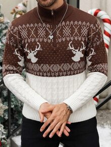 Manfinity Homme 聖誕男士秋冬鹿紋拉鍊半開襟休閒毛衣，可愛套頭毛衣，中性款，秋季/冬季 - 彩色 - 查看 3