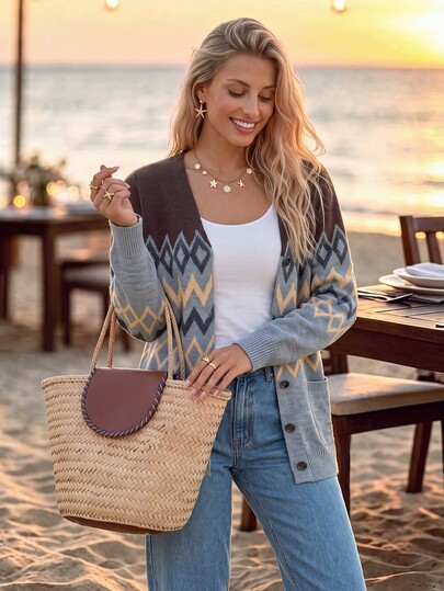 Sylviya Casual Women's Autumn/Winter Fair Isle Pattern Cardigan Long Sleeve Open Front Sweater