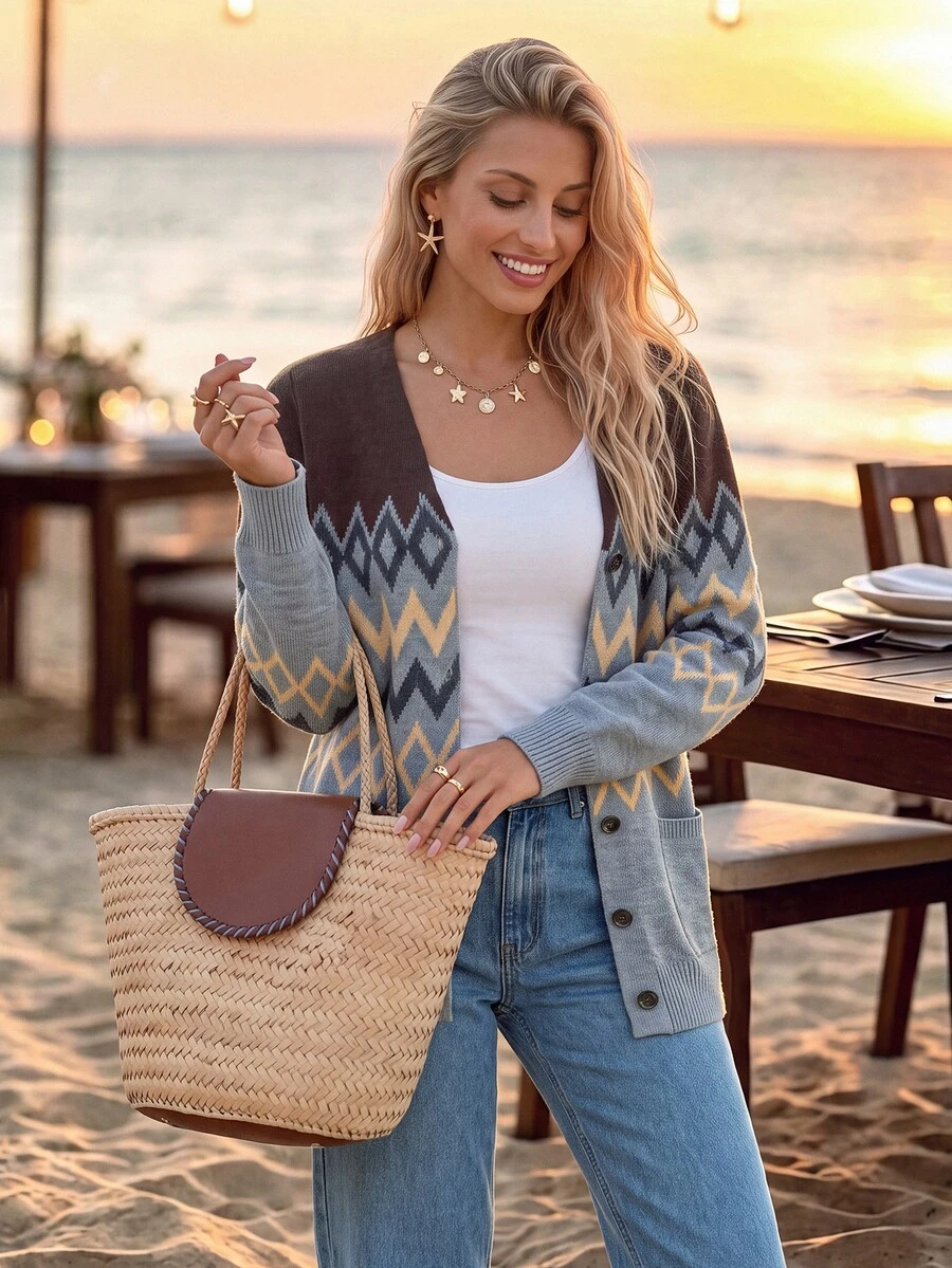 Sylviya Kardigan Wanita Kasual Motif Fair Isle Musim Gugur/Dingin Lengan Panjang Depan Terbuka Sweater - MultiWarna - View 1