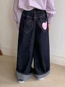 Dazy Kids Tween Girl) Casual Heart Butt Decoration Straight Leg Autumn/Winter Dark Blue Deep Wash Denim Jeans - Navy Blue - View 9