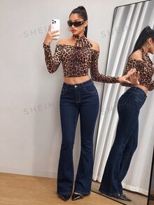 SHEIN Tall Tall Retro Low Waist Casual Slim Fit Flare Jeans - Dark Wash - View 6