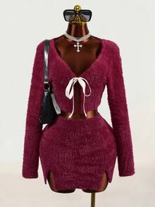 Mistrie Burgundy Plush 2 Pieces Set For Women Bowknot Short Cardigan + High Waist Split Hem Bodycon Mini Skirt - Burgundy - View 7