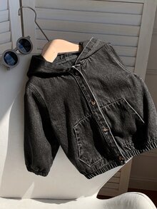 SHEIN Baby Boy Casual Washed Hooded Autumn Jacket - Dark Grey - View 5