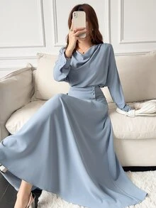 Feyla Women's Solid Color Draped Neck Long Sleeve Top And High Waist Skirt Elegant Two Pieces Set - Blue - View 1