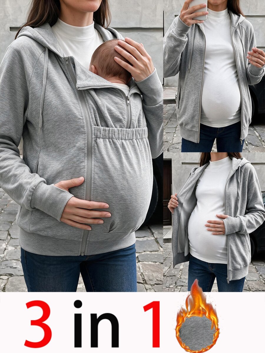 SHEIN Maternity Solid Color Detachable Hood Long Sleeve Comfortable Sweatshirt - Grey - View 1