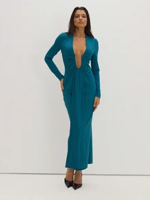 MUSEYN Teal Blue Jersey Deep Plunge Long Sleeve Maxi Dress Classy Date Night Chic Evening Fall - Dark Green - View 2