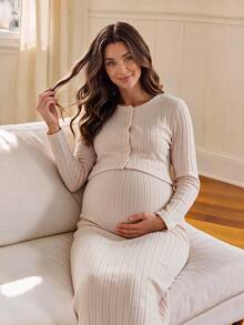 SHEIN 2pcs Nursing Set, Grey Ribbed Nursing High Waist Belly Support Skirt, Slimming Nursing Dress Set, Autumn/Winter - Apricot - View 4