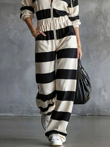 SHEIN Women Fall Winter Striped Hooded Jumpsuit Long Sleeve Zip Up Drawstring Waist Wide Leg Ribbed Lounge Casual Travel Sweat Jumpsuit With Pockets - Black and White - View 6