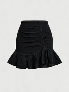 SHEIN MOD 大尺碼百褶 A 字魚尾純色牛仔迷你裙 - 黑色 - 查看 1