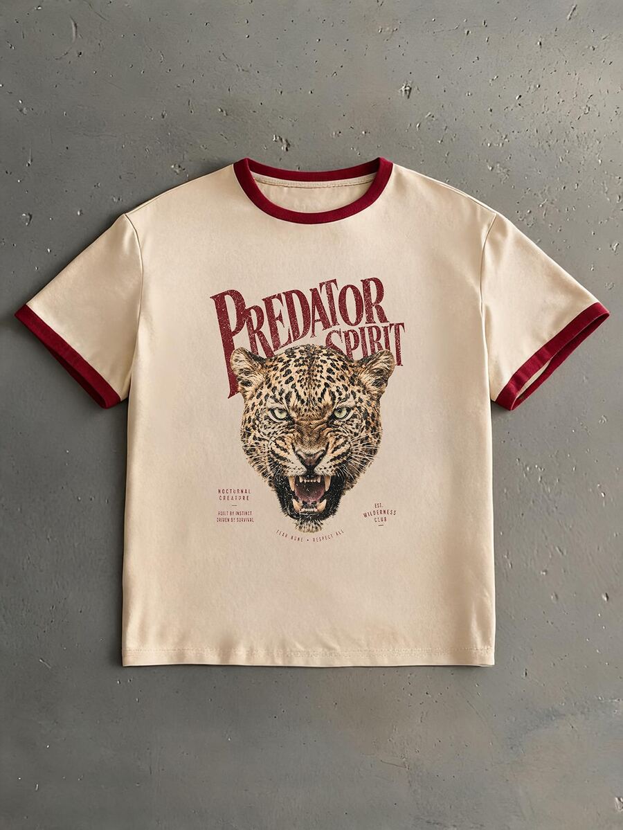 StoneGrade Men's Standard Size American Vintage Leopard Print T-Shirt With Contrast Color Cuff Design - Khaki - View 1