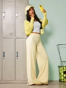 SHEIN Sovereign Charm Women's High Waist Pale Yellow Polka Dot Digital Print Straight Leg Sports Pants With Side Slit And Line Design For Outdoor Exercise - Light Yellow - View 6