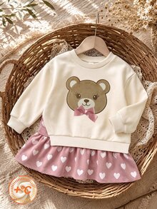 4-7歲女童圓領針織運動洋裝，熊刺繡與3D蝴蝶結裝飾，格紋，甜美學院風，適合秋冬穿著 - 彩色 - 查看 5