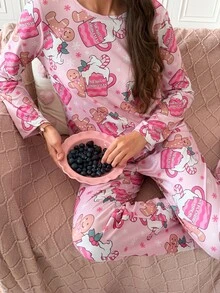 SweetSlumber Sweet & Cute Christmas Gingerbread Man Cream Cup Candy Cane Print Round Neck Women Pajama Set - Pink - View 5
