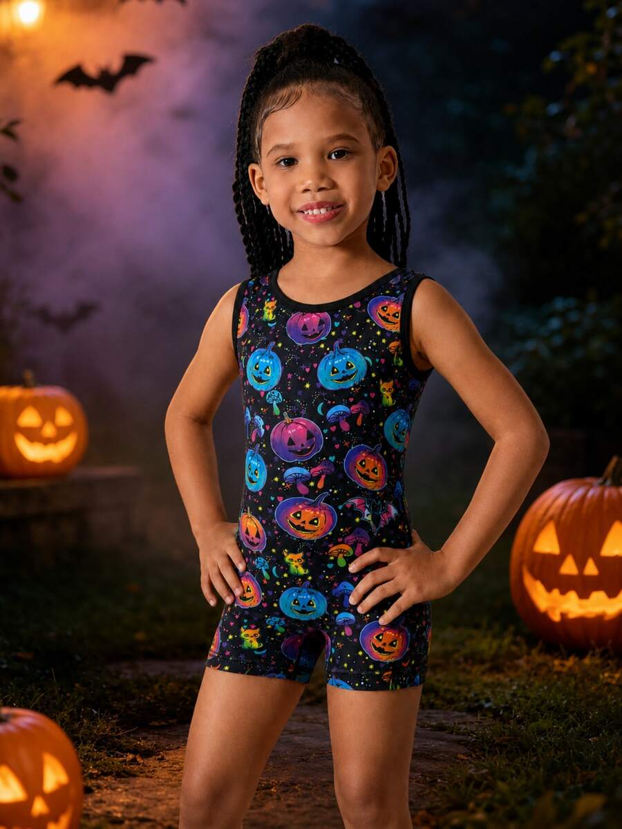 Young Girls Halloween Pumpkin Print Sports Romper, Children Dance Gymnastics Leotard, High Elasticity Romper - Multicolor - View 1