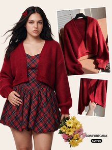 Comfortcana Plus Size Women's Long Sleeve Elegant Autumn/Winter Versatile Short Knit Cardigan - Burgundy - View 1