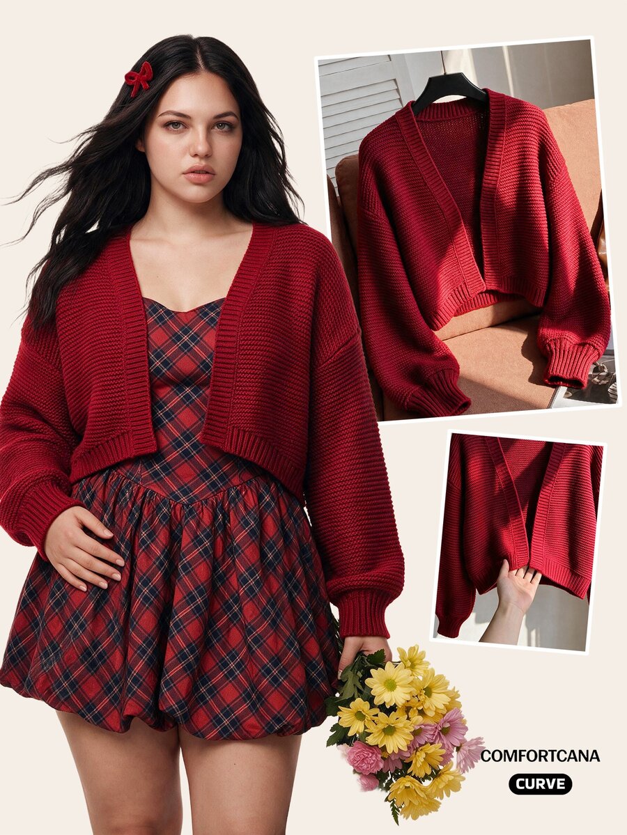 Comfortcana Plus Size Women's Long Sleeve Elegant Autumn/Winter Versatile Short Knit Cardigan - Burgundy - View 1