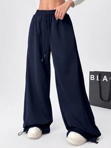 SHEIN EZwear 海軍藍大尺碼春夏百搭抽繩運動長褲 - 藏蓝色 - 查看 4