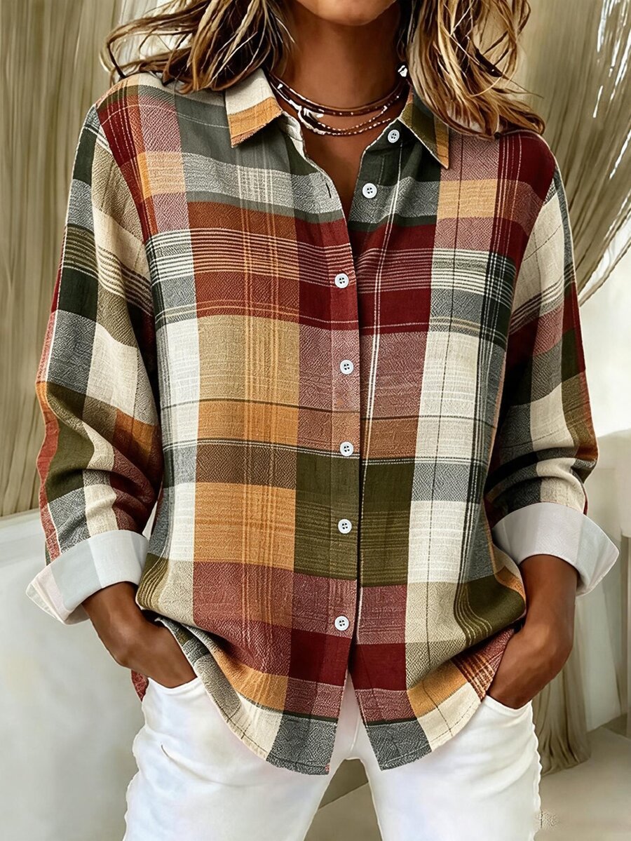 SHEIN Plus Size Women's Colorblock Plaid Fashion Casual Long Sleeve Shirt - Multicolor - View 1