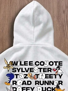 LOONEY TUNES X SHEIN Daypath 男士 Bubble Fun 口號小圖案 Logo 白色短版寬鬆落肩連帽衛衣 - 白色 - 查看 2
