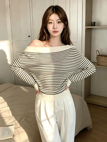 Tideelle 女款法式條紋慵懶休閒時尚露肩長袖衛衣 - 彩色 - 查看 7