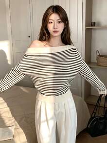 Tideelle 女款法式條紋慵懶休閒時尚露肩長袖衛衣 - 彩色 - 查看 5