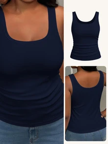 Slaydiva Plus Size Women's Solid Color Square Neck Casual Versatile Tank Top - Navy Blue - View 6
