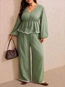Elaquor Plus Contrast Binding Peplum Top & Wide Leg Pants Fall - Green - View 5