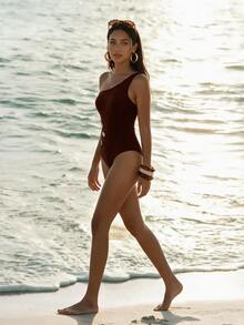 CAJUNI  Solid Color One-Shoulder Cutout One-Piece Swimsuit, Suitable For Beach Vacation, Pool Party, Beach Party Bikini - Brown - View 4