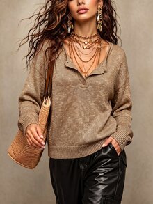 LUMIGAL Women's Casual Fashion Button Half-Placket Long Sleeve Sweater For Commuting Brunch Khaki Autumn - 金色 - 查看 3