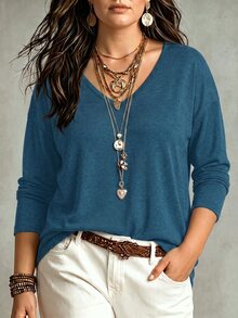 Glimmora Women's Autumn/Winter New V-Neck Long Sleeve Drop Shoulder Loose Soft Knit Plus Size T-Shirt - Blue - View 1