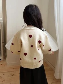 Dazy Kids Áo len bé gái sơ sinh cổ tròn họa tiết trái tim tay dài phong cách Hàn Quốc cho mùa thu/đông - trắng - Xem 2