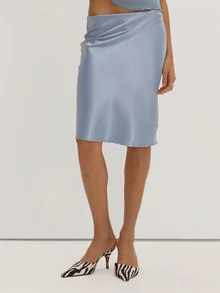 MUSEYN Blue Satin Low Waist Midi Skirt Classy Date Night Chic Evening Fall - Blue - View 3