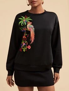Travachic Sweatshirt Kasual Lengan Panjang Leher Bulat Motif Pohon Palem Wanita, Model Baru Musim Gugur/Dingin, Cocok untuk Sehari-hari - Hitam - View 6