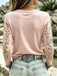 Selamara Boho Floral Butterfly Print Long Sleeve Crew Neck Top Casual Vintage Slim Fit Blouse For Women - Apricot - View 2
