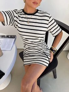 Lavishia 女款優雅初秋休閒針織黑白條紋收腰抓皺短洋裝，黑白條紋洋裝，適合日常休閒穿著，針織洋裝 - 黑與白 - 查看 6