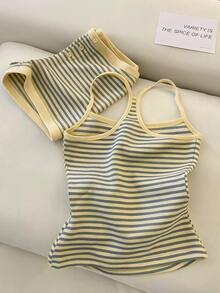 IslaSuriya 新款女款休閒條紋細肩帶上衣與短褲兩件套 - 黃色 - 查看 2