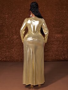 Maweii Plus Size Elegant Gentle Gold Metallic Glossy Deep V Neck Ruched Long Sleeve A-Line Full Skirt Evening Gown - Gold - View 2
