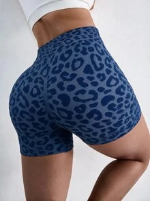 Dewbera Dewbera 1件女款海軍藍豹紋無縫針織瑜伽短褲，適合跑步、騎行、健身、戶外休閒穿著，新款熱銷 - 藏蓝色 - 查看 6