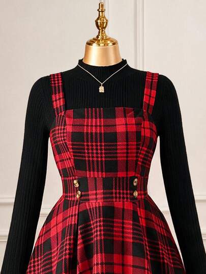 Rometta Plus Size Halloween Knit Textured Fabric Red & Black Plaid Pinafore Dress, Autumn/Winter Christmas Holiday Slimming High Waist A-Line Puff Skirt, Shoulder Strap Commute Party Short Dress
