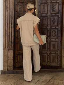 Livesso Autumn Apricot Lapel Button Pocket Decor Short Denim Jacket & Wide Leg Denim Pants Set - Apricot - View 3
