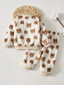 Baby Boys Shirt Co-Ords 2pcs/Set Fleece Teddy Bear Print Plush Jacket Knit Sweatshirt & Sweatpants Long Pants Color Block Set, Autumn/Winter Season - Multicolor - View 2