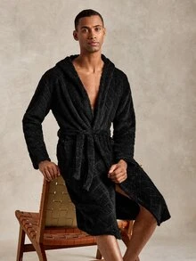 EverLounge Autumn/Winter Men's Minimalist Basic British Style Black Double-Sided Fleece Embossed Fabric Hooded Loungewear Robe - Black - View 7