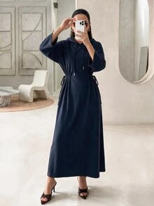 Rue Lumi Women's Solid Color Drop Shoulder Long Sleeve Casual Drawstring Hooded Sweatshirt Midi Dress - Blue - View 5