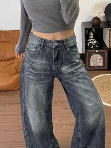 DAZY Women's Blue Washed Distressed High Waist Loose Straight Leg Patchwork Design Casual Versatile Denim Jeans Fall - Blue - View 1