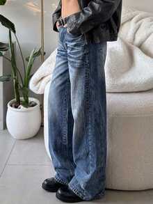 DAZY Women's Blue Washed Distressed High Waist Pocket Button Loose Wide Leg Casual Versatile Denim Jeans - Blue - View 4