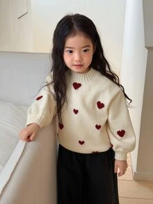 Dazy Kids Áo len bé gái sơ sinh cổ tròn họa tiết trái tim tay dài phong cách Hàn Quốc cho mùa thu/đông - trắng - Xem 3