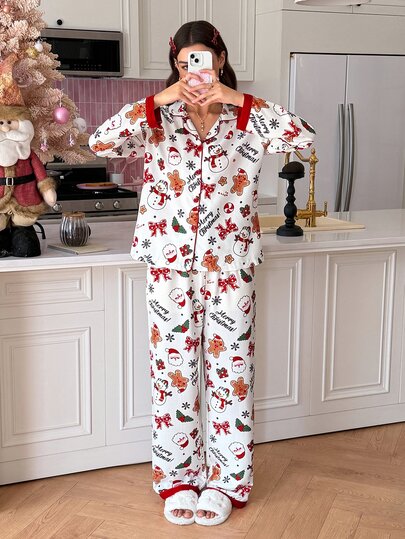 Conjunto de pijama para mujer SweetSlumber con estampado navideño de hombre galleta, estilo dulce Ins, diseño color block, cuello solapa y manga larga